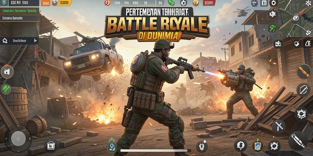 Screenshot utama 55RP menampilkan duel seru di medan pertempuran Battle Royale.