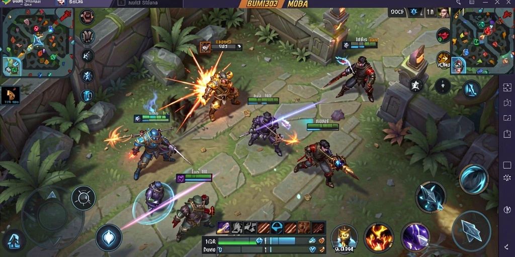 Tangkapan layar dari aksi gameplay seru BUMI303 dalam pertandingan MOBA.