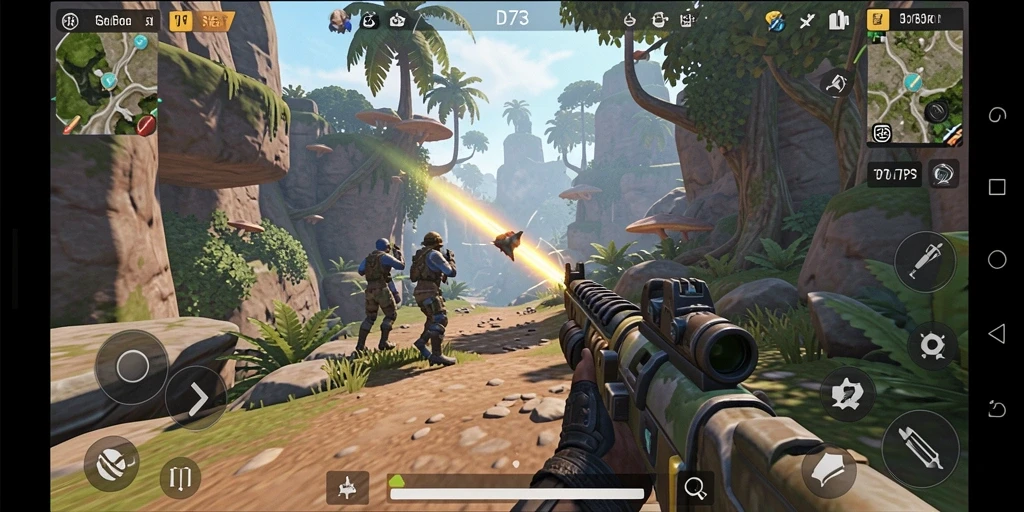 Tampilan gameplay seru dari D73 dalam aksi tembak-menembak yang mendebarkan.