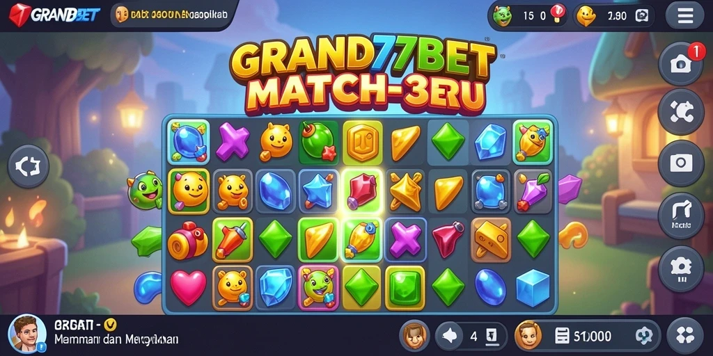 Tampilan gameplay Match-3 yang seru dan penuh warna di GRAND77BET.