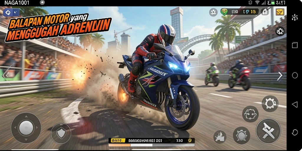 Tampilan gameplay NAGA1001 dengan motor melaju kencang di lintasan balap.